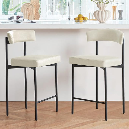 Beige Modern Bar Stools Set of 2, 24 Inch Faux Leather Counter Stools with Curved Backrest, Counter Height Bar Stool for Kitchen Island