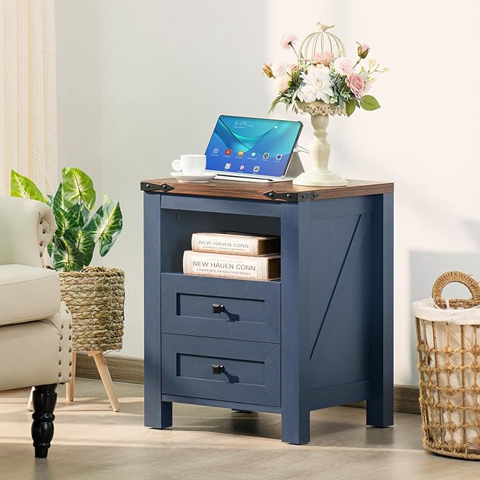 Nightstands Set of 2 with Charging Station, Farmhouse Night Stand with 2 Drawers and Shelf Storage, Wooden Side End Table, Bedside Cabinet for Bedroom, Living Room, Closet,Office (Blue)