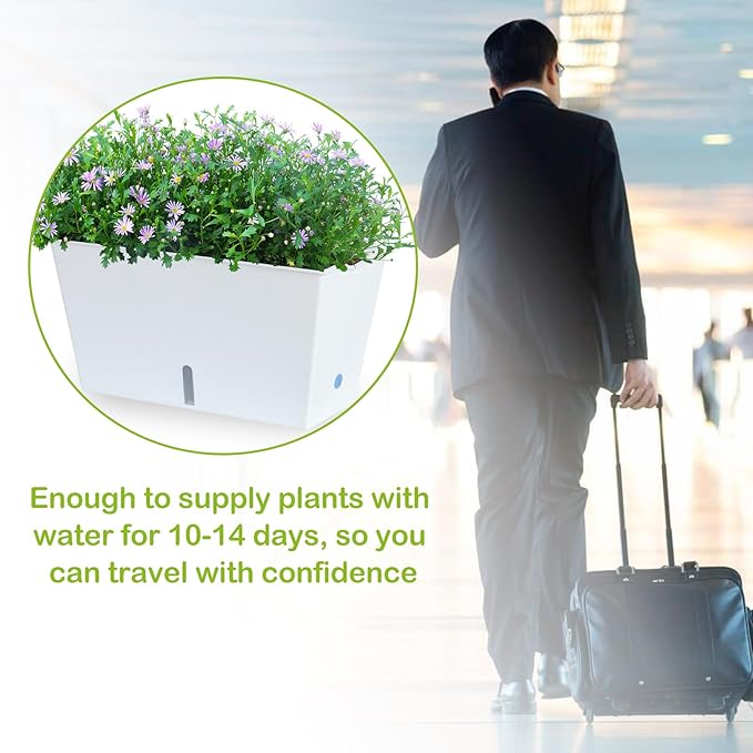 Window Box Planter 6 Pcs, 12.1 Inches Self Watering Plant Pots Rectangle Flower Pots with Drainage Holes and Breathable Trays, Vegetable Planters for Windowsill Patio Garden Balcony Porch Yard (White)