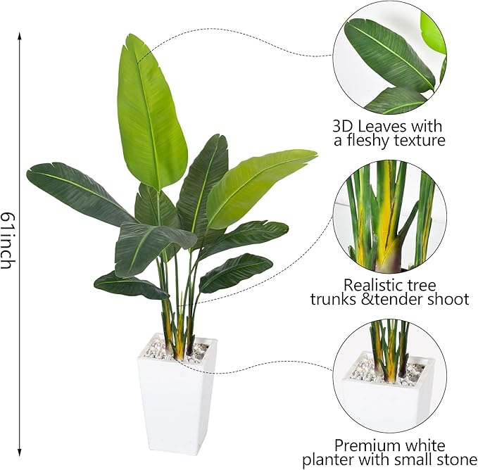 Bird of Paradise Artificial Plant 5FT, Faux Tropical Palm Tree with White Tall Planter, Large Fake Plants in Pot - Artificial Tree for Home Office Living Room Decor Indoor