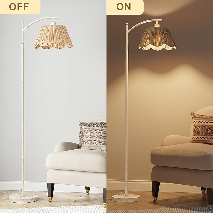 Oneach Rattan Floor Lamp for Living Room with 3 Color Temperatures, Boho Floor Lamp for Bedroom with Remote & Dimmable Bulb, Farmhouse Standing Lamp for Reading, Antique White