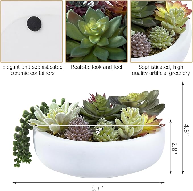 MyGift 8 Inch Round Modern Artificial Succulent Arrangement Potted in White Concrete Plant Bowl, Assorted Faux Mini Succulents in a Decorative Planter Pot