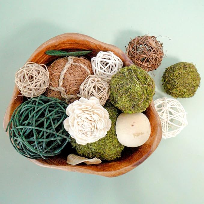 Qingbei Rina Green Moss Decorative Balls for Bowls, Assorted Wicker Rattan Balls Decorative Orbs Woven Spheres, Wedding Bowl Fillers for Home Decor