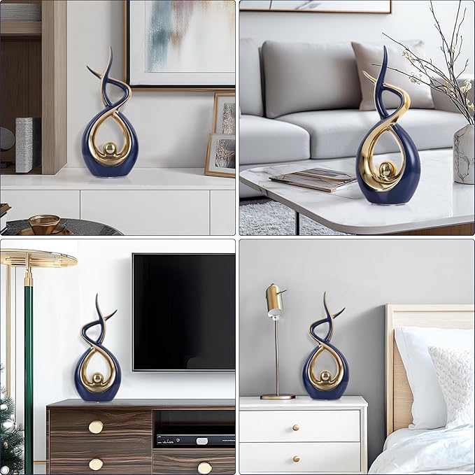 Gold Blue Modern Sculpture Table Decorations, Ceramic Knick Knacks Statues for Living Room Decor, Tv Stand and Desk Decor, Suitable for Coffee Tables and Shelf Decorations, Great Gift Idea