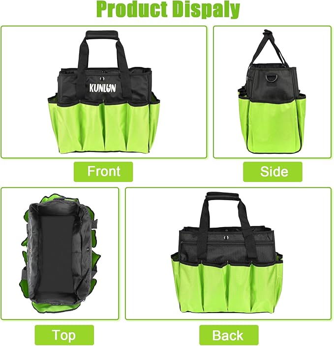 KUNLUN Gardening Tote Bag, Garden Tool Bag with 14 Pockets & Elastic Belt, Heavy Duty Standable Garden Tote Storage Bag with Long Adjustable Shoulder Strap for Indoor and Outdoor Use