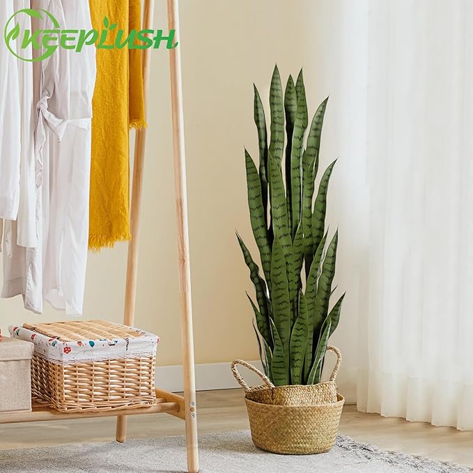 4ft Artificial Snake Plant – 46in Faux Sansevieria Plants, Fake Floor Plant for Indoor Outdoor, Front Porch Patio Home Office Decor, Mother-in-Law’s Tongue, Green 2Pcs