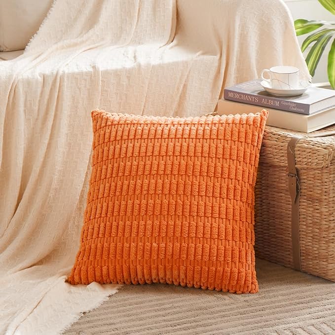Fancy Homi 2 Packs Fall Burnt Orange Decorative Throw Pillow Covers 18x18 Inch for Living Room Couch Bed Sofa, Soft Striped Corduroy Square Cushion Case 45x45 cm, Rustic Farmhouse Boho Home Decor
