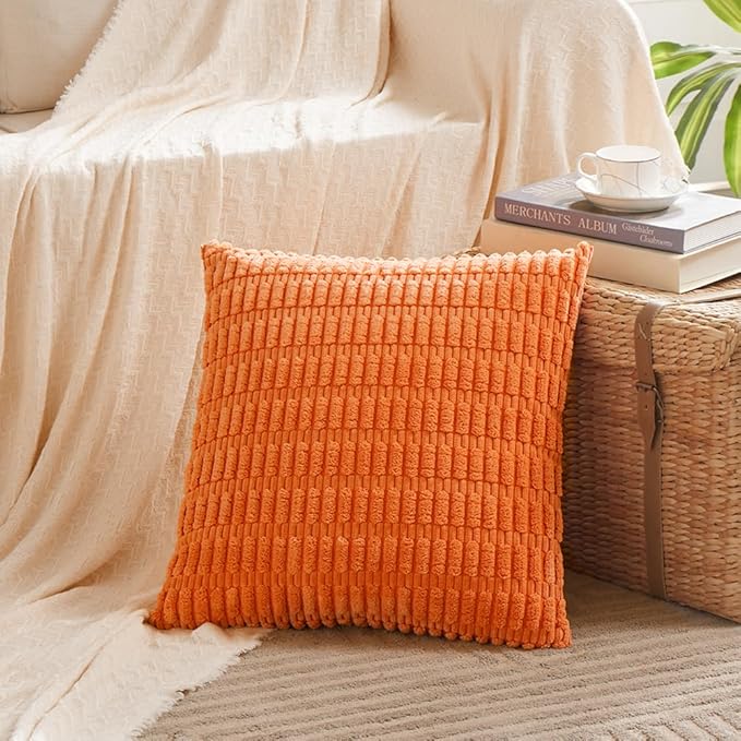 Fancy Homi 2 Packs Orange Decorative Throw Pillow Covers 20x20 Inch for Living Room Couch Bed Sofa, Soft Striped Corduroy Square Cushion Case 50x50 cm, Rustic Farmhouse Boho Fall Home Decor