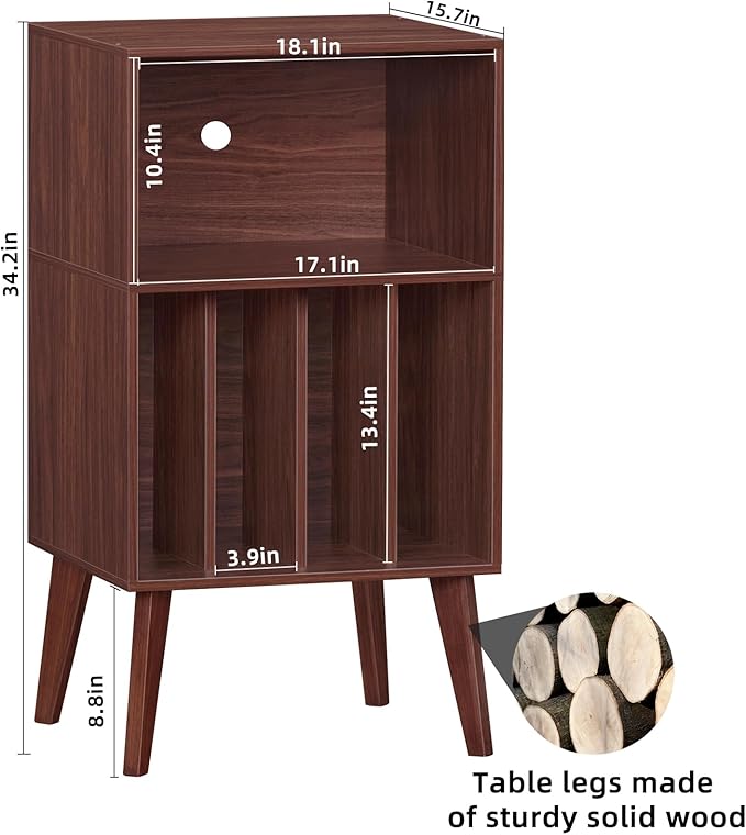 Lerliuo Record Player Stand, Walnut Turntable Stand Holds up to 160 Albums, Mid-Century Vinyl Storage Cabinet Table with Solid Wood Legs, Record Player Holder Dispaly Shelf for Bedroom Living Room