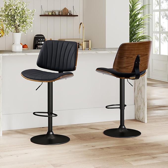 ECOTOUGE Swivel Bar Stools Set of 1, Adjustable Bentwood Barstools, Modern Bar Height Chairs with Back and Footrest for Bar, Kitchen Island, Counter, Dining Room(Black)