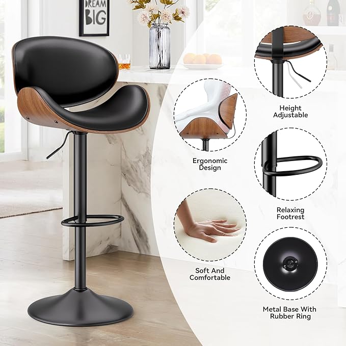 Swivel Bar Stools Set of 3, Seat Adjustable Height 23.5-32.5IN Bentwood Barstools with Back & Footrest, PU Leather Upholstered Counter Height Bar Chairs for Bar Kitchen Dining Room,Black
