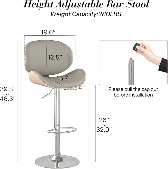 KCC Bar Stools, Swivel Adjustable Height Barstools, PU Leather Upholstered Bar Chairs with Footrest, Bentwood Bar Stool for Kitchen, Bar, Dining Room(Grey PU)