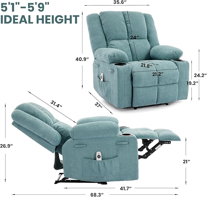 Manual Recliner Chair with Heating & Massage,Ergonomic Overstuffed Breathable Fabric Reclining Chair with Side Pockets,Q235 Steel Frame Lazy Boy Recliner Single Sofa for Living Room Bedroom