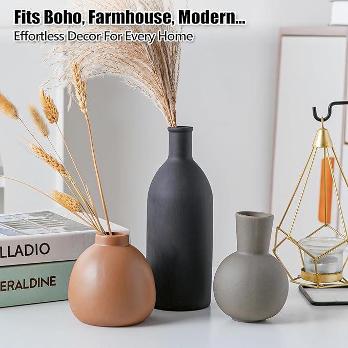 Ceramic Flower Vase Set of 3, Home Decor Vases for Centerpieces, Tulips Flowers Pampas Grass Decor, Boho Rustic Farmhouse Kitchen Bedroom Bathroom Living Room Office Wall Decor Aesthetic -Black