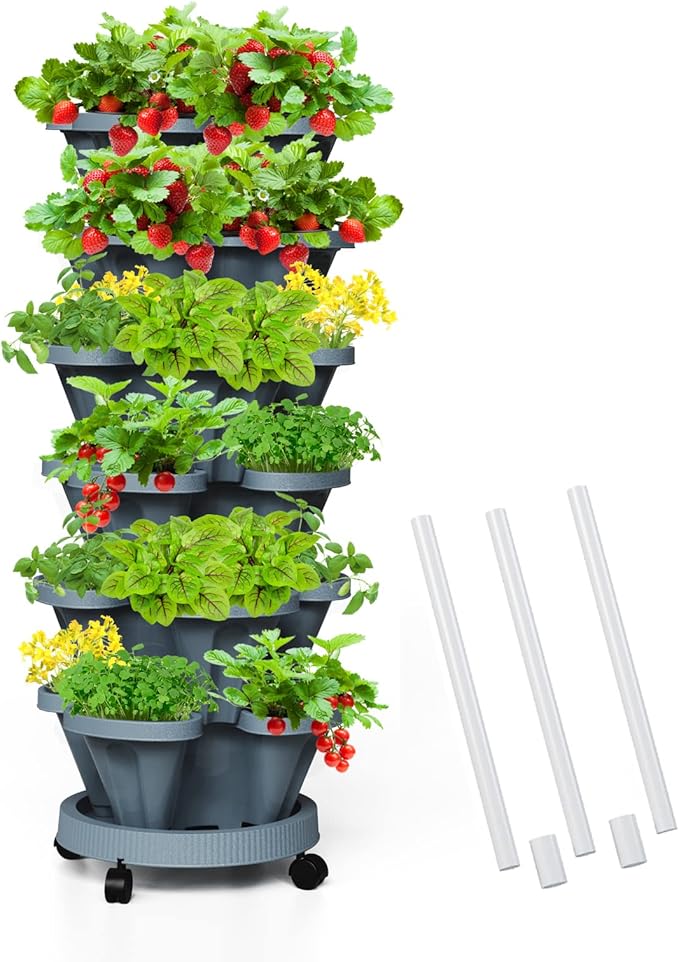 Strawberry Vertical Planters Tower Garden, 6 Tiered Stacking Planter with Support Pole, Stackable Herb Vegetable Planters Indoor and Outdoor - Dark Grey