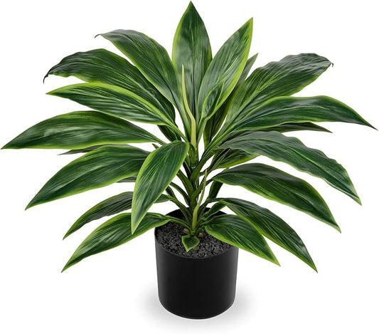 Oairse Artificial Plants Indoor with Pot, 18.1" Fake Potted Plants Medium Artificial Dracaena Plant in Black Pot Faux Tropical Plants for Bathroom Living Room Office Desk Shelf Decor