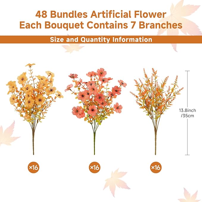 SHareconn 48 Bundles Artificial Fall Flowers for Outdoors Decoration, UV Resistant Silk Eucalyptus Lavender Faux Autumn Fake Plants for Outside Indoor Garden Yard Porch Home Decor, Autumn Orange-Red