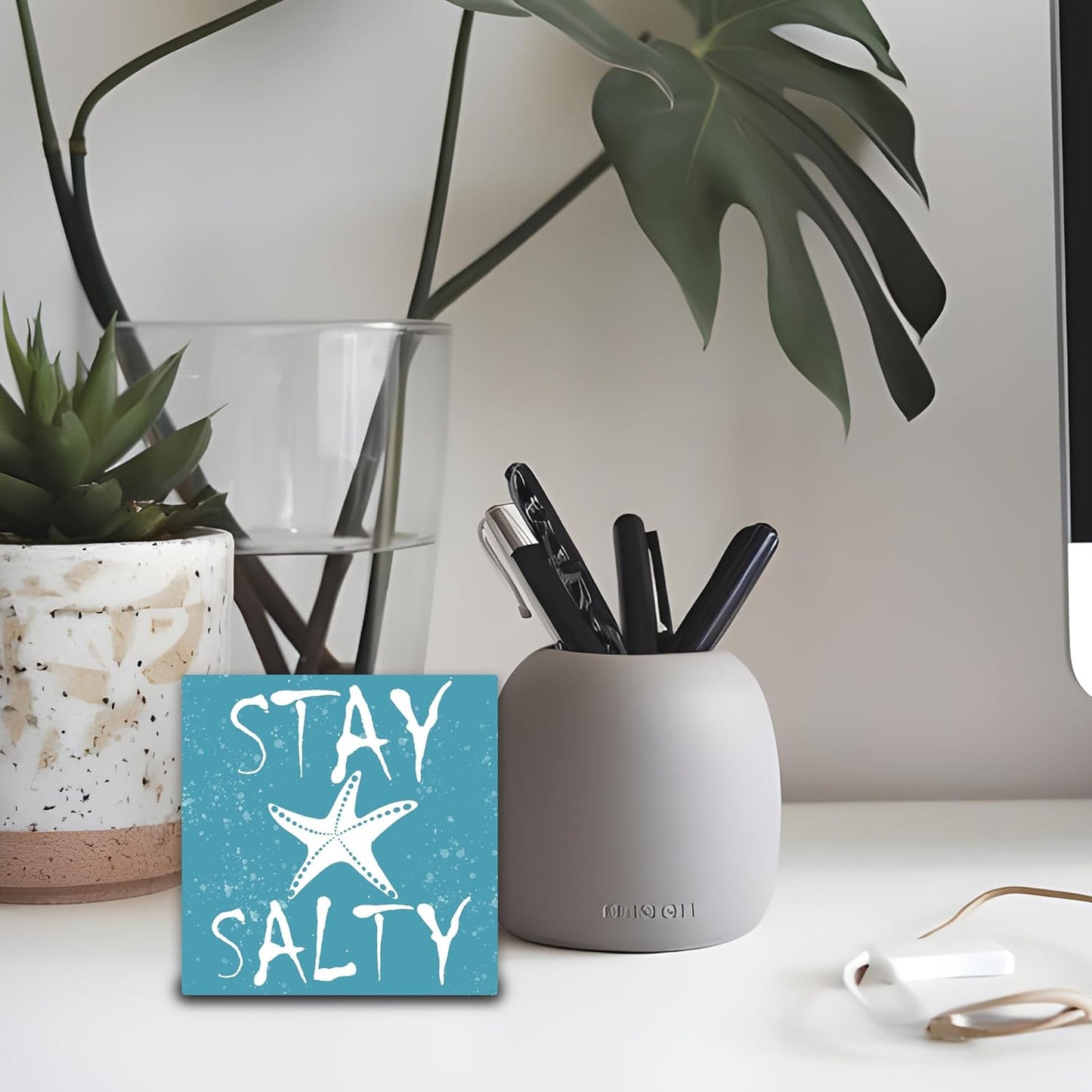 Stay Salty Wooden Block Plaque - Starfish & Summer Blue Tabletop Sign Decor For Friends Family Coworker - 5"x5" Office Room Home Wood Block - Funny Beach Desk Gifts Favors & Supplies - A04