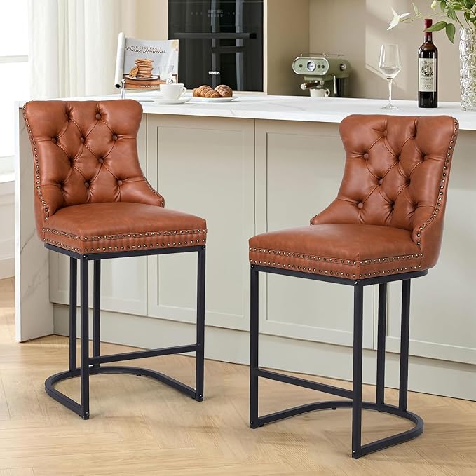 Counter Height Bar Stools Set of 2, 24" Modern Barstools with Back, Faux Leather Upholstery Counter Chairs with Metal Legs for Kitchen Island, Bar, Counter, Brown