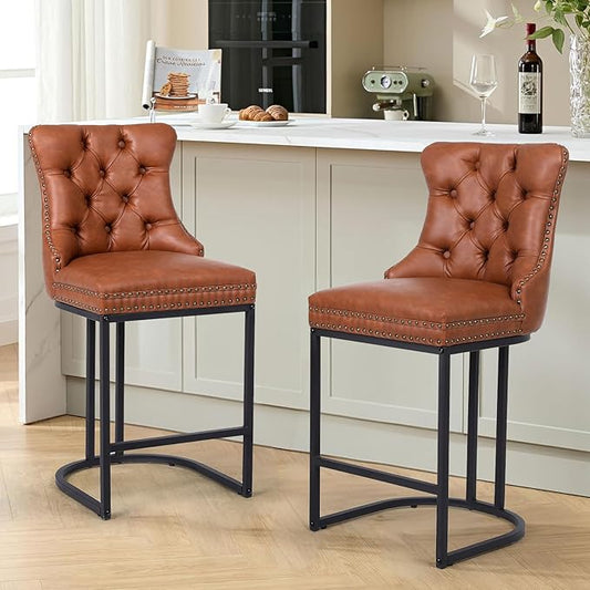 Counter Height Bar Stools Set of 2, 24" Modern Barstools with Back, Faux Leather Upholstery Counter Chairs with Metal Legs for Kitchen Island, Bar, Counter, Brown