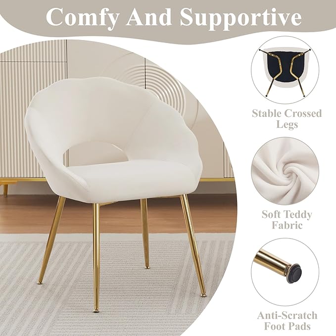 Modern Small Accent Chair Set of 4, Comfy Velvet Vanity Chair with Shell Back & Golden Metal Legs, Decorative Dining Chair no Wheels for Living Room, Makeup Room, Bedroom, Beige