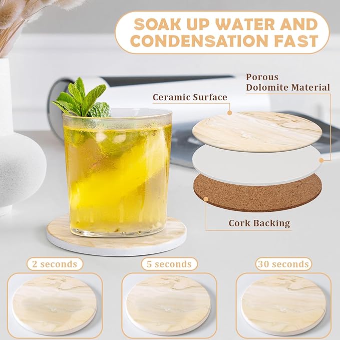 GOH DODD Coasters for Drinks Set of 6, Absorbent Marble Style Ceramic Coaster Cup Coasters Tabletop Protection Home Decor with Metal Holder for Housewarming Gifts Wedding Party, Beige, Round, 4 Inch