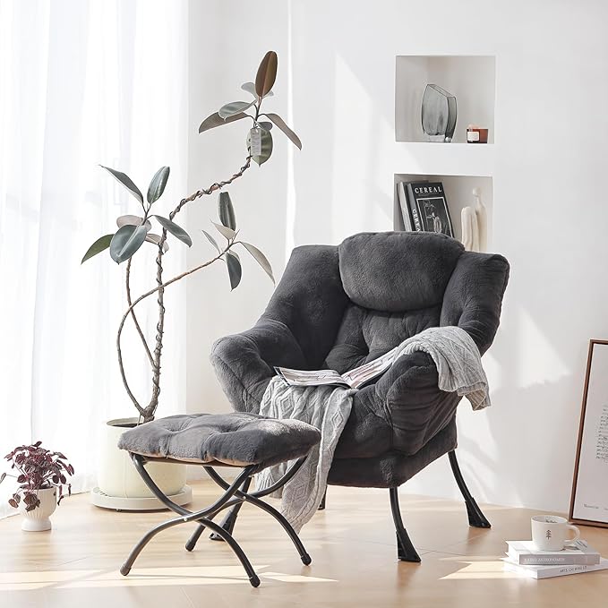 Plush Lazy Chair and Ottoman, Large Contemporary Accent Lounge Chair with Armrests and a Side Pocket, Modern Leisure Upholstered Sofa Reading Armchair with Footrest for Bedroom, Living Room