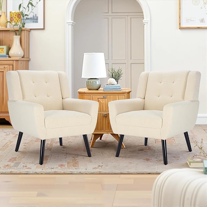 NicBex Accent Chair Set of 2, Modern Chair for Living Room Upholstered Foam Filled Living Room Chairs with Metal Legs Teddy Cozy Lounge Armchair for Living Room Bedroom,Beige