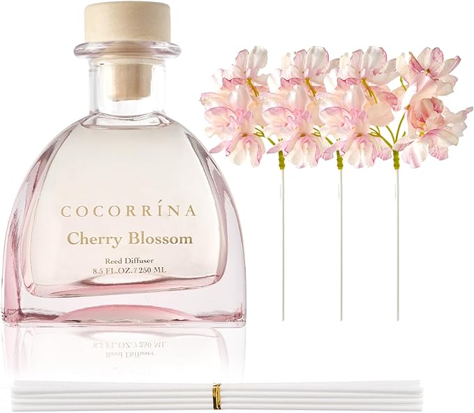 COCORRÍNA Reed Diffuser - 8.5 Oz Cherry Blossom Reed Diffuser with 8 Sticks for Home Bathroom Shelf Decor (Simple Luxe Collection)
