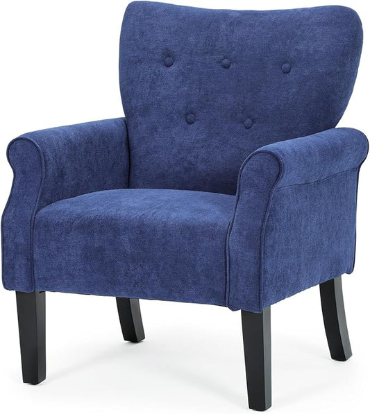 Athena Collection Mid Century Modern Chair for Living Room, Upholstered Wingback Reading Chair for Adults, Comfy Linen Fabric Armchair with Wooden Legs for Bedroom, Dorm, Balcony, Blue