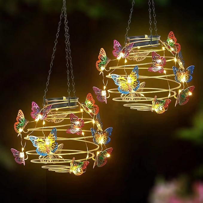 2 Pack Butterfly Solar Lights Outdoor Hanging Lantern with Handle, Solar Powered Butterflies Garden Decor for Outside Patio Yard Porch Pathway Butterfly Gifts for Women (Warm White LED Lights)