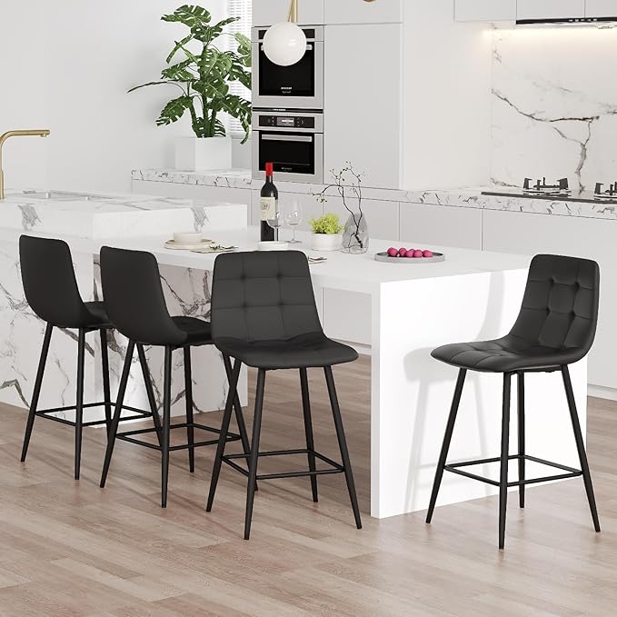 Black Barstools Set of 4, 24.4" Counter Height Bar Stools with Back & Metal Footrest, Modern Island Chairs Set of 4 for Kitchens Island Home Bar