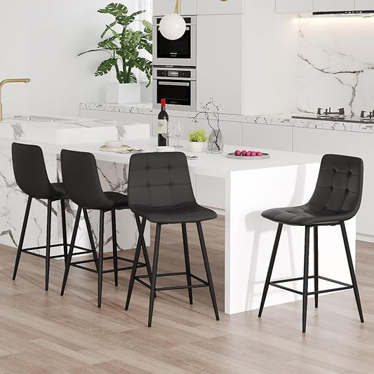 Black Barstools Set of 4, 24.4" Counter Height Bar Stools with Back & Metal Footrest, Modern Island Chairs Set of 4 for Kitchens Island Home Bar