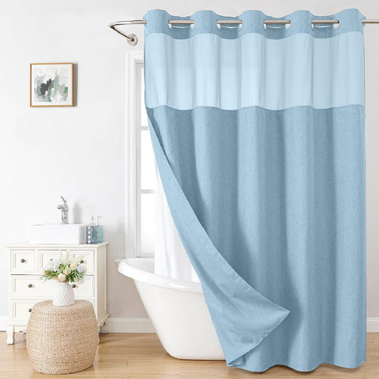 No Hooks Needed Linen Textured Shower Curtain with Snap-in Fabric Liner Set,Hotel Luxury Decor Waterproof Shower Curtains for Bathroom with Mesh Top Window,Washable,71Wx74H,Fog Blue