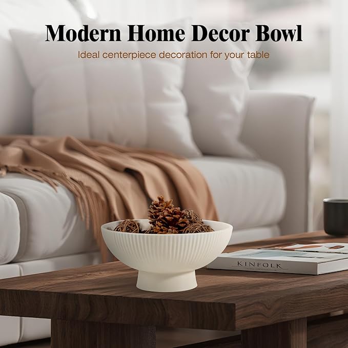 Decorative Bowl Modern Ceramic White Decor Bowls for Home Decor, Fruit Bowl for Kitchen Counter Key Bowl for Entryway Table, 8" Pedestal Footed Bowls Decorative Trays for Coffee Table