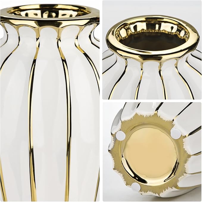 White & Gold Ceramic Flower Vase - 7.8" Modern Vertical Stripe Pottery Wave Vase | Ribbed Textured Flower Vase for Home Decor Bedroom Office Living Room Bathroom Table Centerpiece