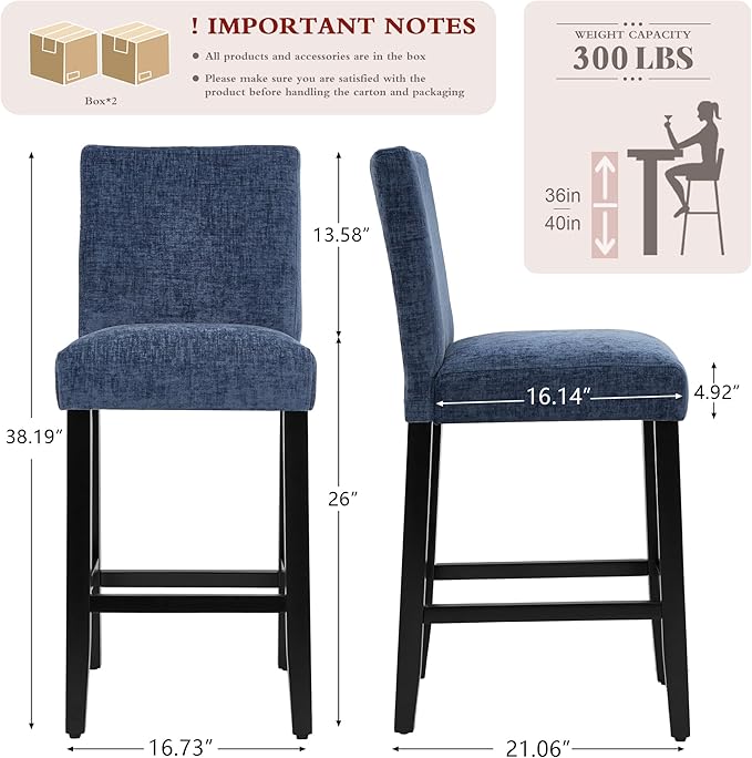 26'' Velvet Chenille Bar Stools Set of 3, Modern Upholstered Bar Height Bar Chairs, Soild Wood Legs Barstools with Back, Blue