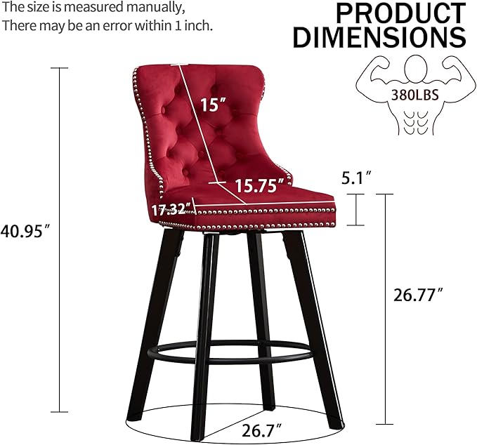 YISHENG Modern Swivel 27" H Seat Set of 6 Velvet Barstools with Backrest and Footrest,Button Tufted Rivet Trim Dining Room Chairs with Metal Pull Ring for Kitchen Island，Bistro, Home Bar，Red