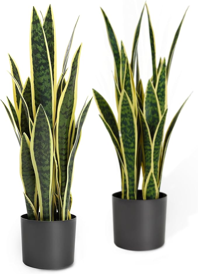 KOL 25.6’’ 2-Pack Artificial Snake Plant, Mother in Law Tongue Plants, 2ft Fake Sansevieria Indoor, 32 Realistic Leaves in Pot, Home Office Hotel Garden Corner Decor, Yellow