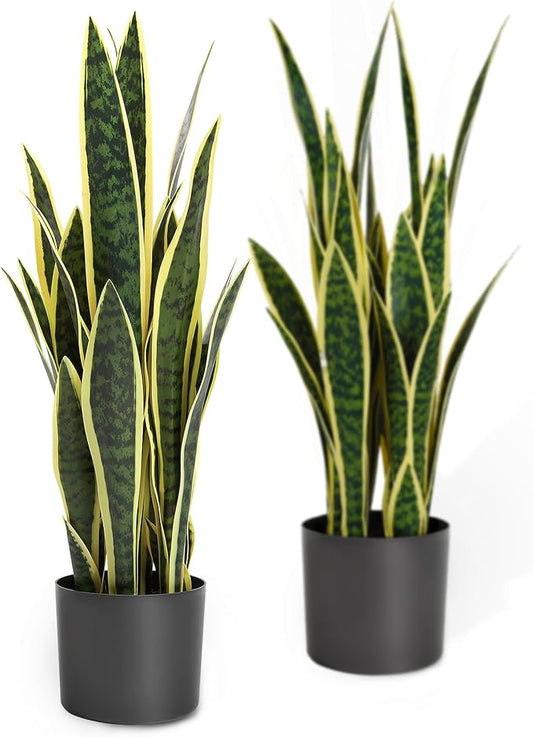 KOL 25.6’’ 2-Pack Artificial Snake Plant, Mother in Law Tongue Plants, 2ft Fake Sansevieria Indoor, 32 Realistic Leaves in Pot, Home Office Hotel Garden Corner Decor, Yellow