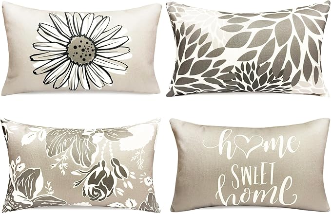 Decorative Throw Pillow Covers Set of 4 Grey Pillow Covers 12x20 inch Throw Pillow Cases Linen Square Pillow Case,Farmhouse Outdoor Modern Boho Pillow Covers for Couch Sofa Living Room