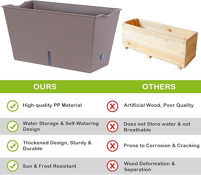 Window Box Planter 6 Pcs, 12.6 Inches Self Watering Rectangle Flower Plant Pots with Drainage Holes & Breathable Trays, Vegetable Planters for Windowsill Patio Garden Balcony Porch Yard (Khaki)