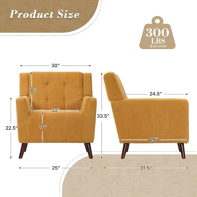 Athena Collection Wingback Accent Chair for Living Room, Comfy Linen Fabric Upholstered Reading Chair for Adults, Single Sofa Armchair for Bedroom, Dorm, Balcony, Yellow