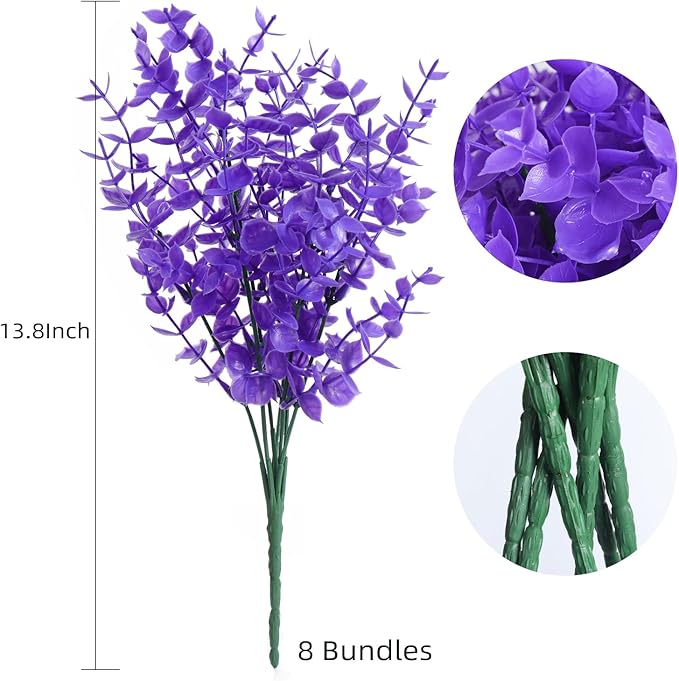 RECUTMS Artificial Plants Outdoor Artificial Ferns for Outdoors Purple Plants Outside Plastic Flowers for Outdoors Purple Outdoor Artificial Boxwood Fake Plants for Window Box(Pure Purple Eucalyptus)
