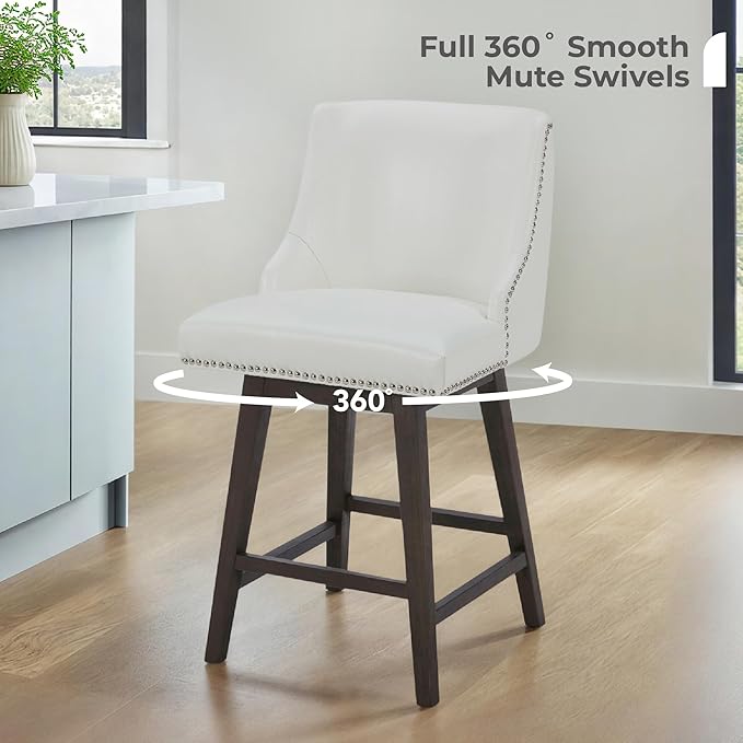 CHITA Counter Height Swivel Bar Stools Set of 3, FSC Certified Upholstered Counter Stools, Modern Swivel Barstools with Wood Legs for Kitchen Island, 26" Seat Height, Faux Leather in White