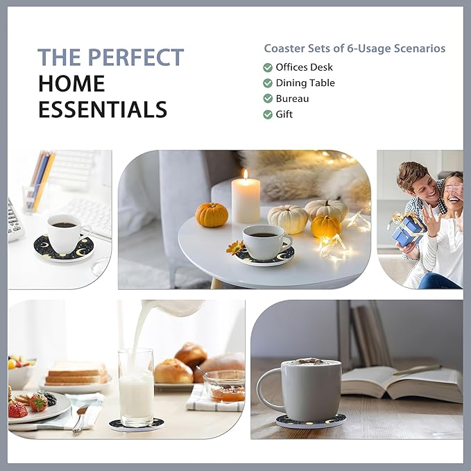 Drink Coasters Set of 6 with Holder,Gold Sun Moon Clouds Stars Absorbent Ceramic Coasters with Cork Base,Fit All Cups,Tabletop Protection Mat for Mugs and Cups,Office,Kitchen