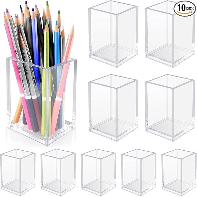 10 Pack Clear Acrylic Pen Holder for Desk, Pencil Cup Makeup Brush Organizer, Square Acrylic Pencil Holders for Office School Home Supplies, Desktop Stationery Organizer for Pens Markers Brushes