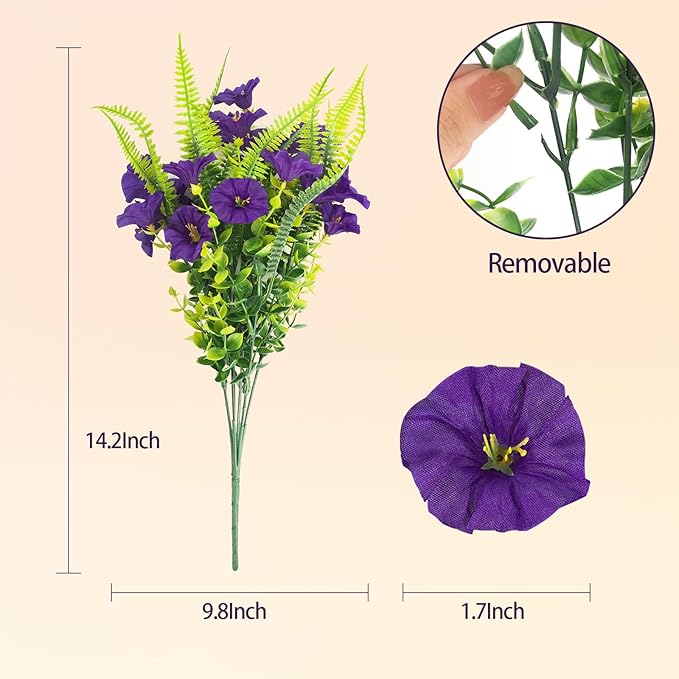 Artificial Flowers Outdoors 12 Bundles Artificial Petunias Fake Flowers UV Resistant Shrubs Plants with Fern for Indoor Outside Hanging Planters Home Garden Summer Decorations (Purple)