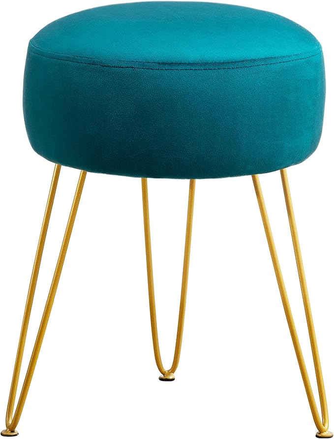 LUE BONA Vanity Stool, Teal Vanity Stools for Makeup Room, Round Ottoman Foot Stool, Velvet Footrest Vanity Chair for Bathroom Vanity, Bedroom, Living Room, Entryway, Offices