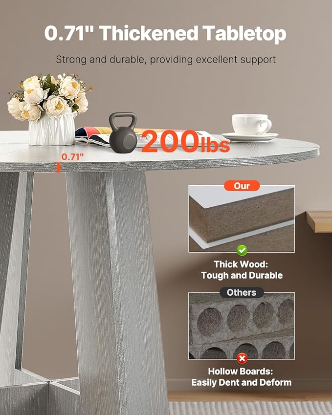 VEVOR Round Dining Table, 47 inch Wood Table for 4-6 Person, Farmhouse Circle Dinner Furniture, Rustic Leisure Tables with Thick Wooden Legs, for Home Kitchen Living Room, Grey (Only Table)